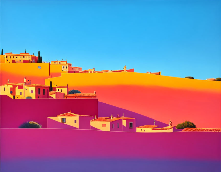 Colorful hilltop village illustration in orange and pink hues against blue sky