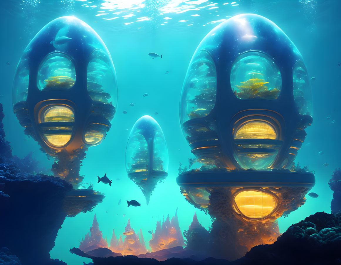 Futuristic illuminated underwater pods with marine life and coral formations