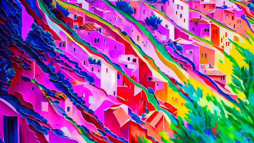 Colorful abstract painting of a stylized village with winding paths and purple buildings