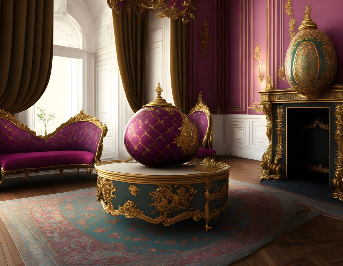 Luxurious Room with Gold Accents, Ornate Egg, Purple Sofas, and Fireplace