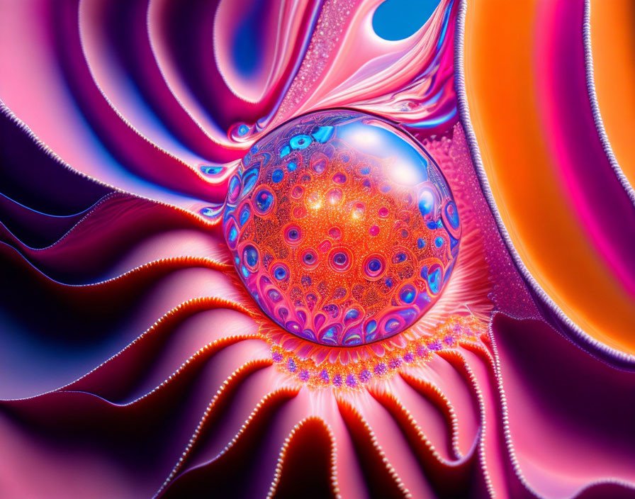 Colorful digital artwork: glossy sphere with intricate patterns on psychedelic background