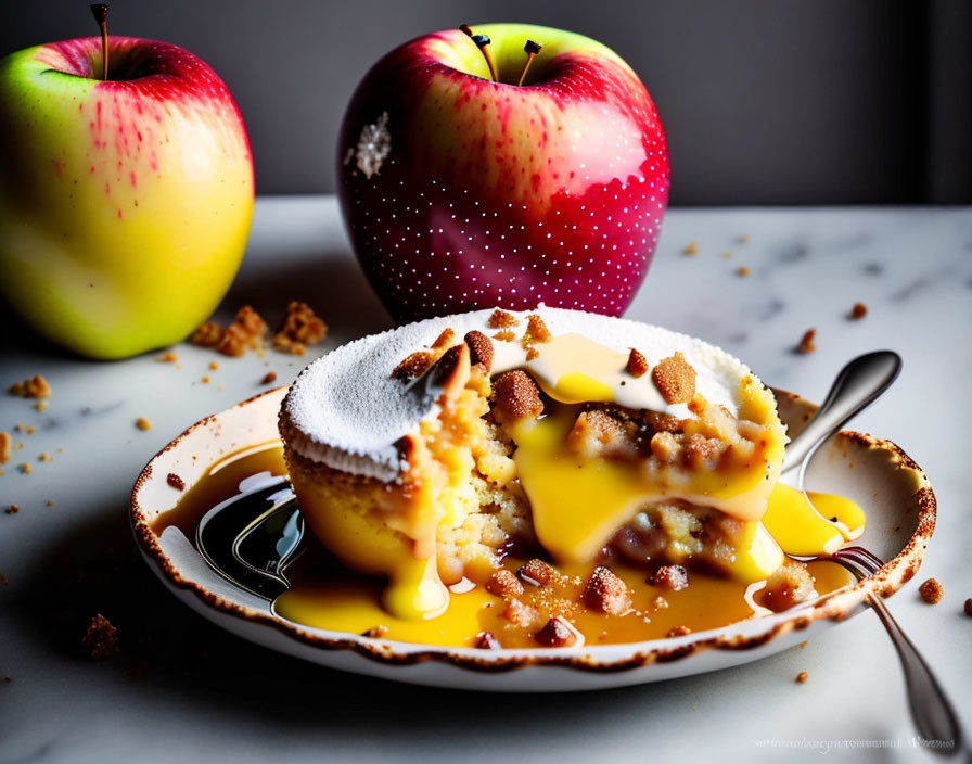 Plate of dessert with yellow sauce, red apples, and crumbled toppings