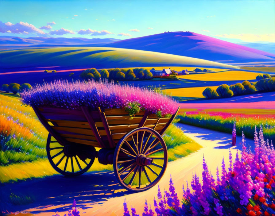 Colorful painting: Wooden cart with purple flowers in picturesque landscape