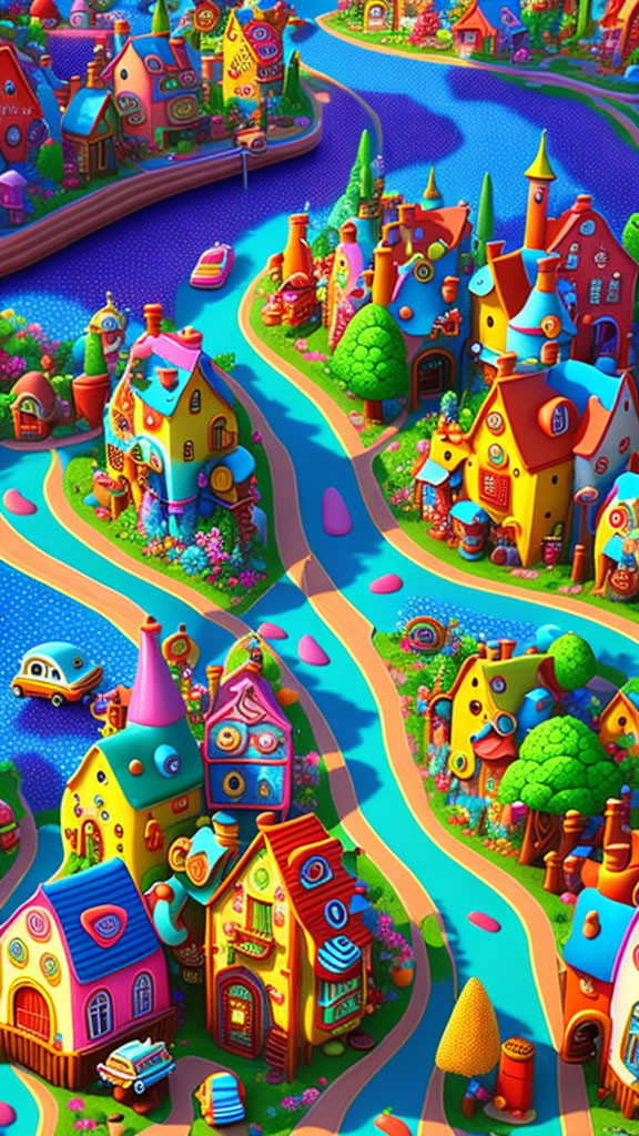 Vibrant Village Scene with Whimsical Houses and River Bend