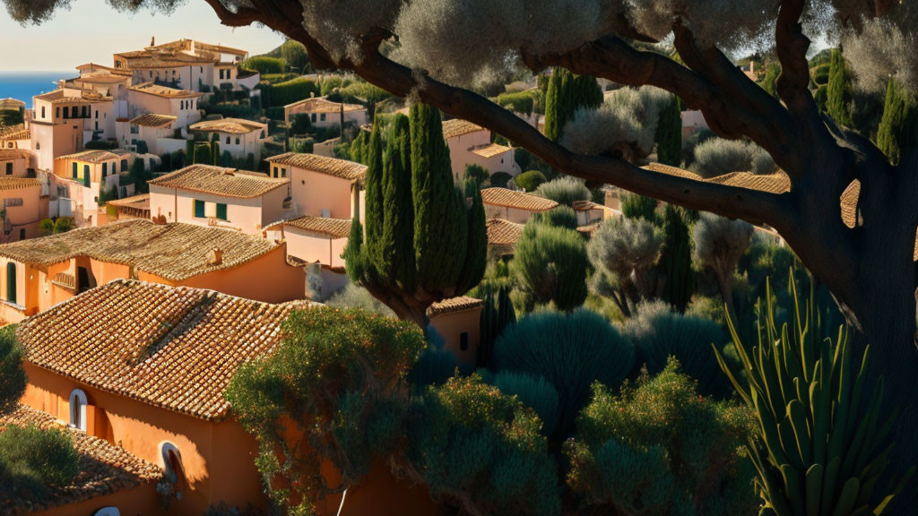 Mediterranean village with terracotta roofs and lush greenery