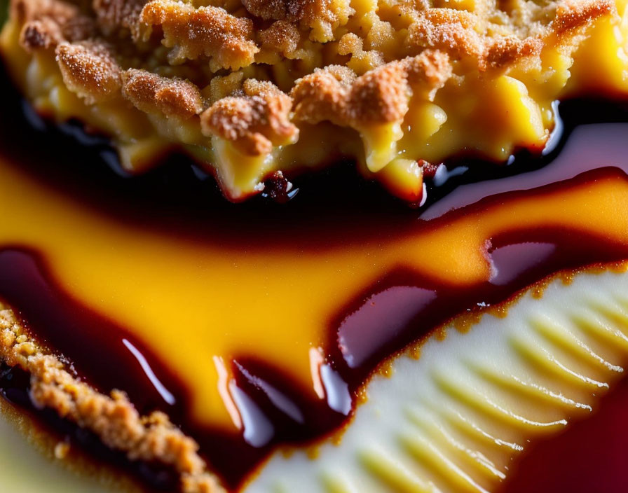 Decadent dessert with crumbly topping and caramel-chocolate drizzle.