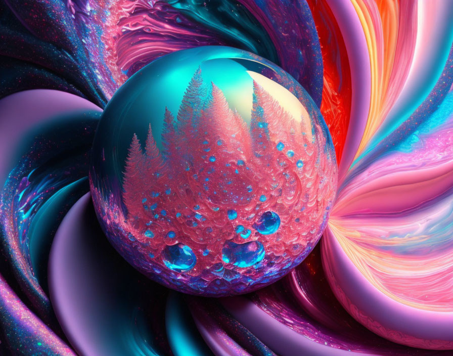 Colorful Abstract Art: Reflective Sphere with Pine Trees in Swirling, Iridescent Surroundings