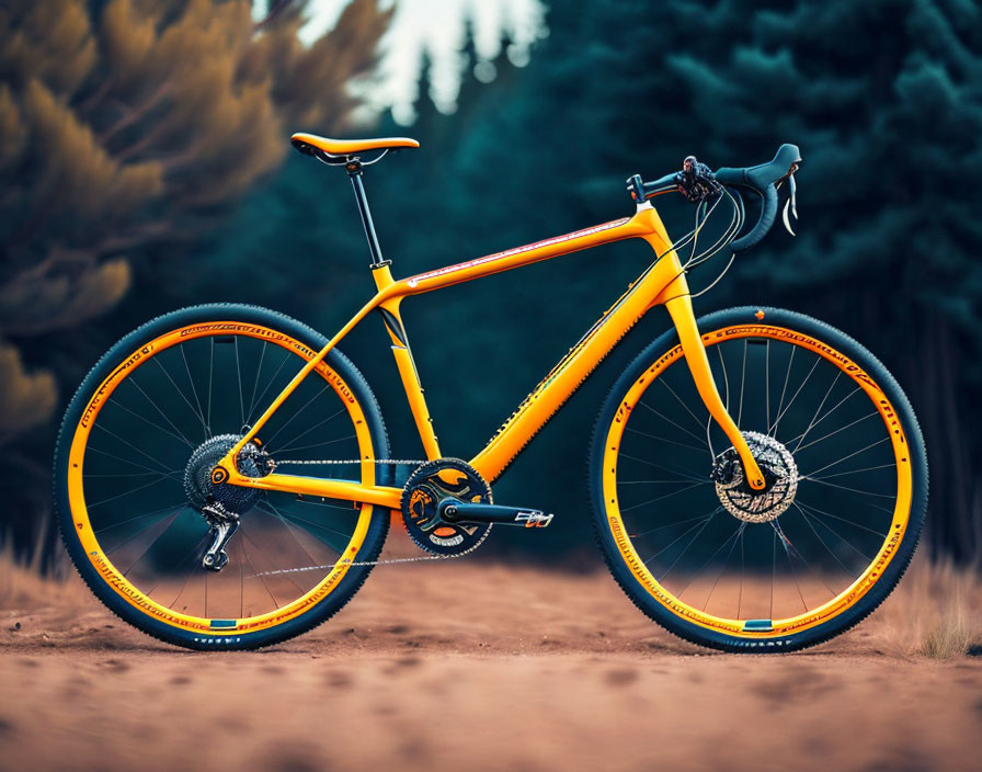 Yellow Mountain Bike with Orange Tires on Forest Background