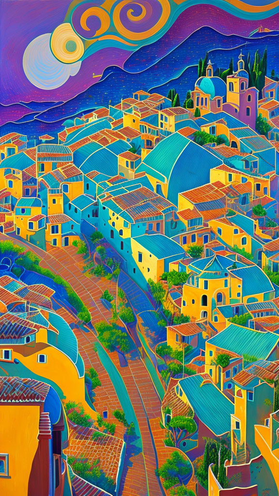 Colorful Coastal Town Painting with Starry Sky & Serpentine Streets