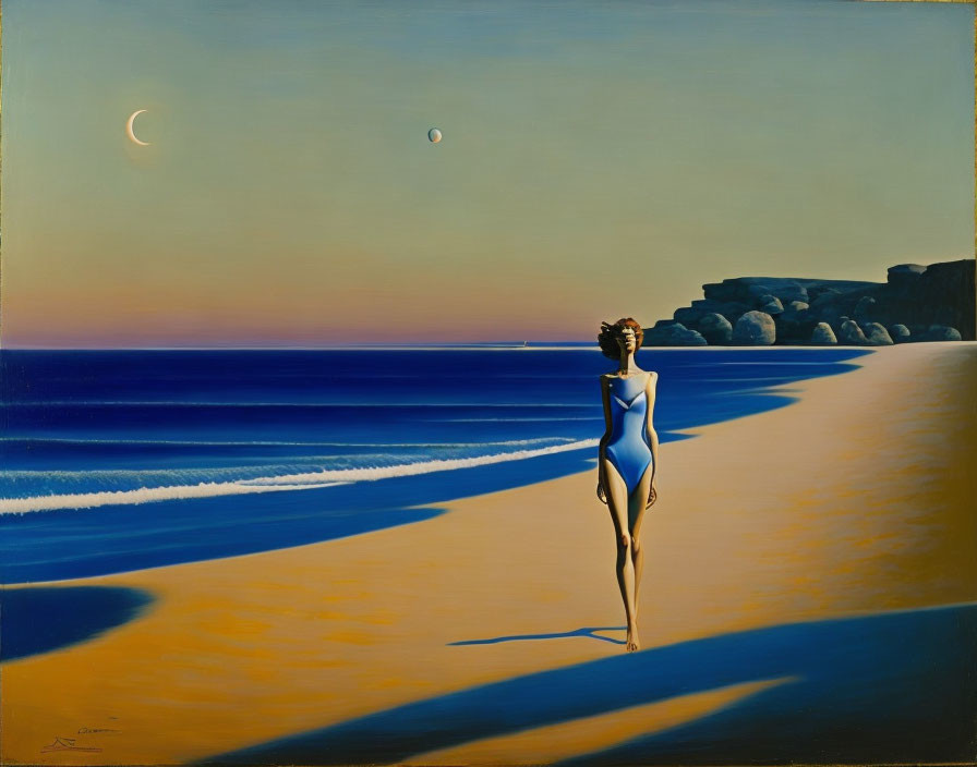 Surreal painting of woman in blue swimsuit on beach with long shadows, moon and sun in