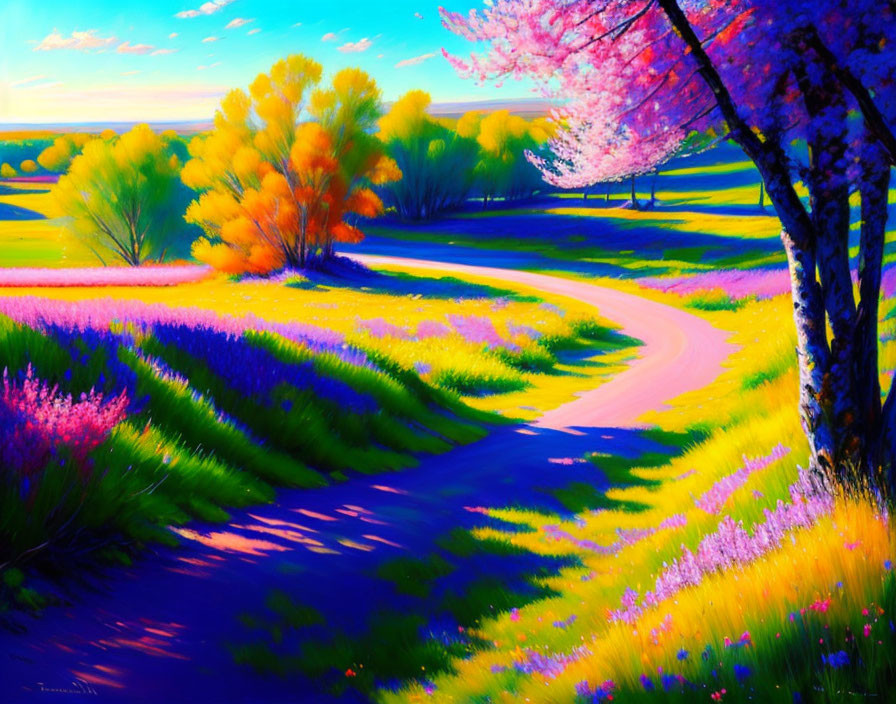 Colorful Flowering Fields with Winding Path & Lush Trees