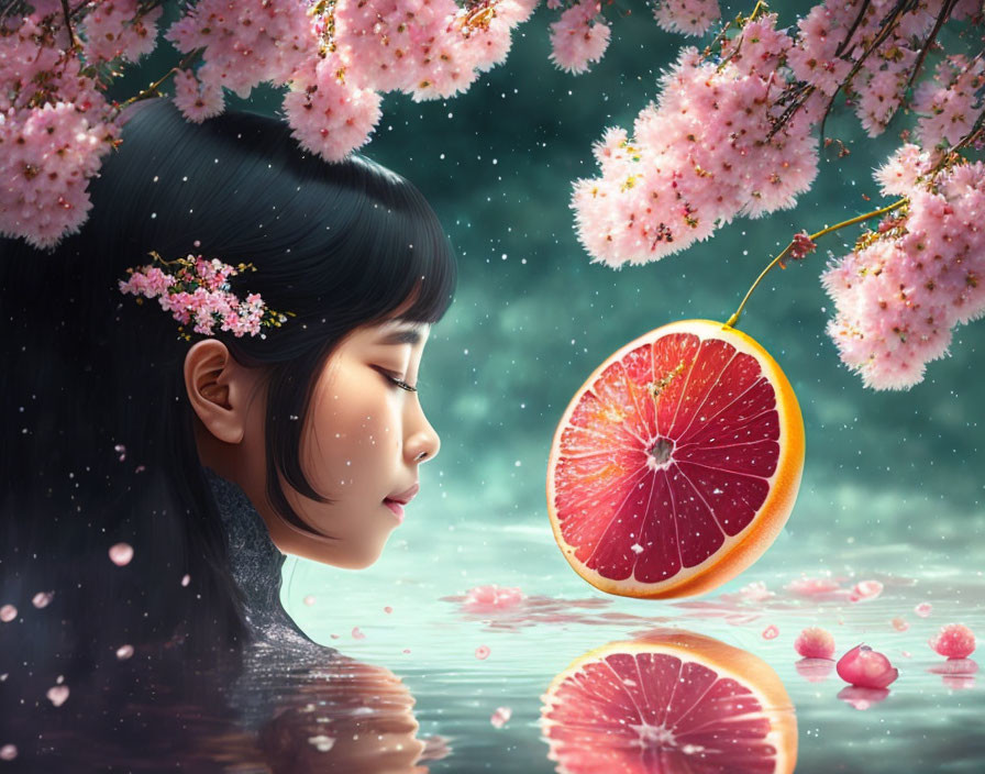 Woman with floating orange slice amidst cherry blossoms and water reflection.