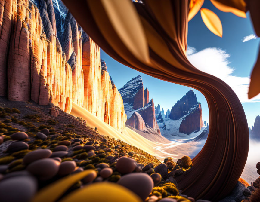 Surreal landscape with winding road, rock formations, and autumn leaves