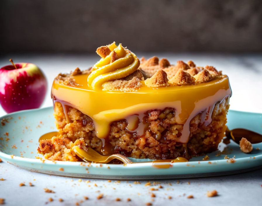 Caramel Apple Crumble Cake with Glaze on Blue Plate