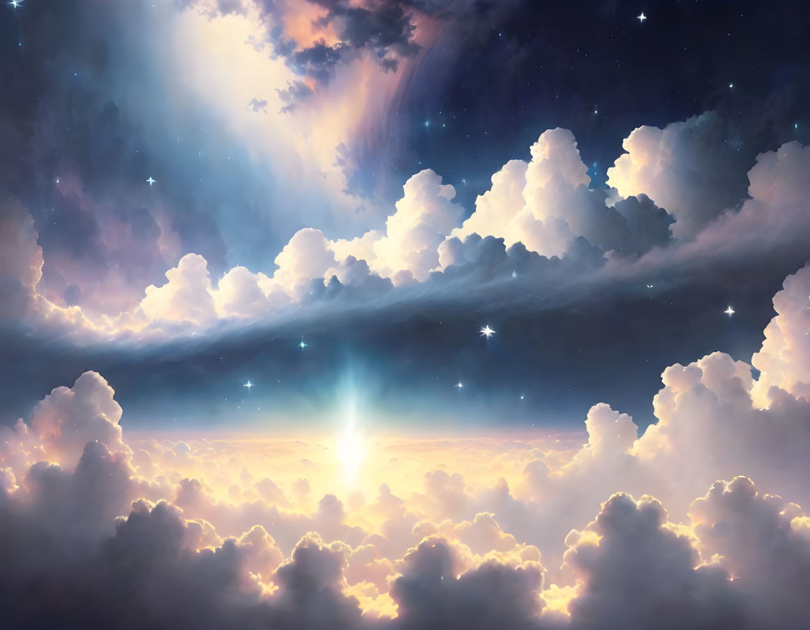 Fluffy Clouds in Radiant Light Beam Under Starry Sky