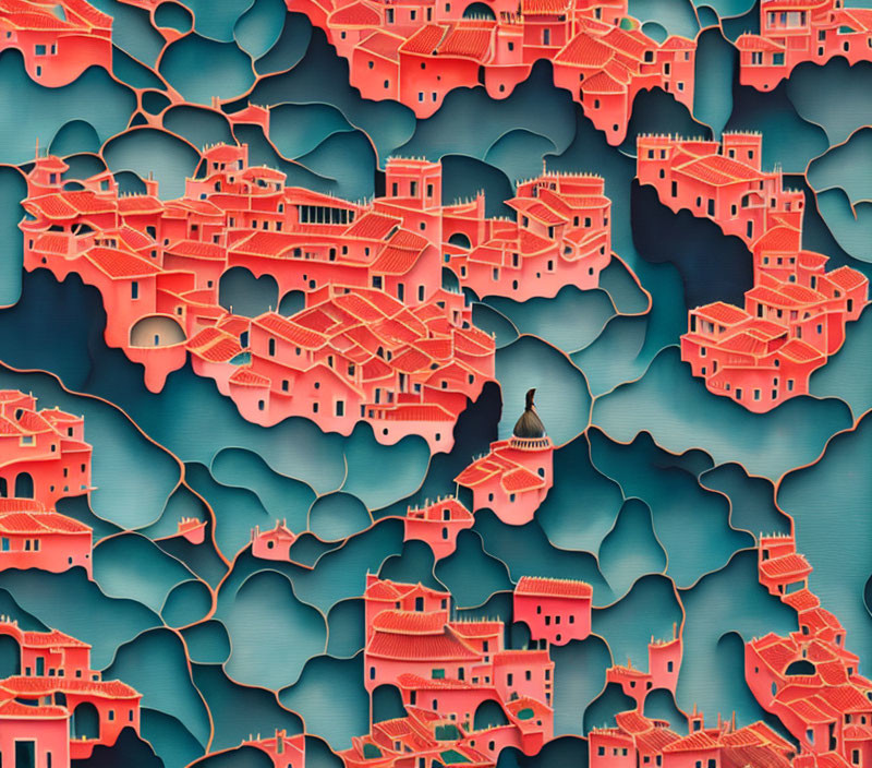 Layered Paper Art: Red Oriental Structures & Aqua Blue Waterways Cityscape