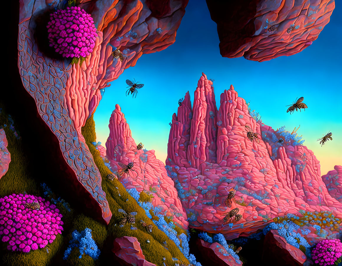 Colorful floating pink rock formations in a lush landscape under a clear blue sky