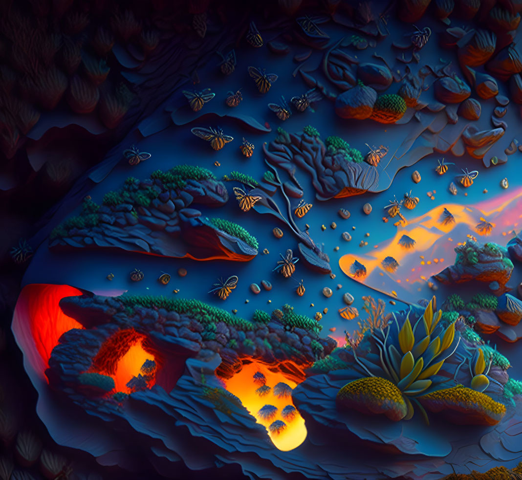 Surreal underwater digital artwork: Glowing lava illuminates marine life