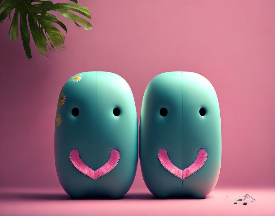 Teal rounded figures with smiling faces and pink mustaches on pink background.