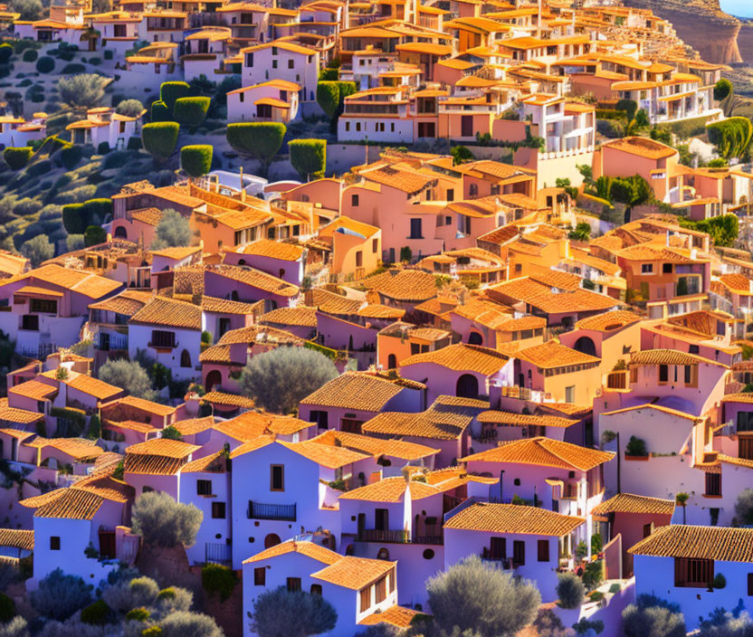 Mediterranean village: Terracotta-roofed houses under golden sunlight