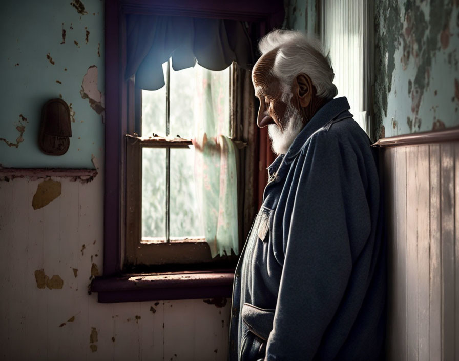 Elderly man with white beard gazes out window in rustic room