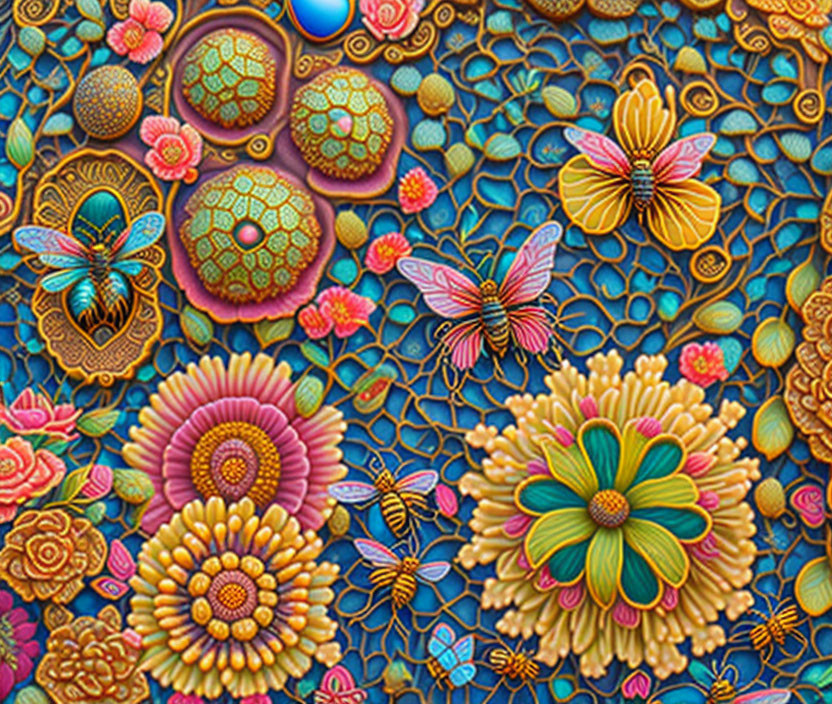 Colorful digital art of detailed flowers and butterflies on textured background