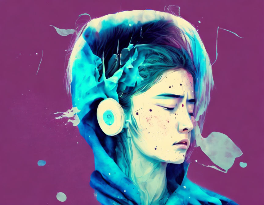 Digital artwork: Person with headphones in purple background with abstract blue shapes.