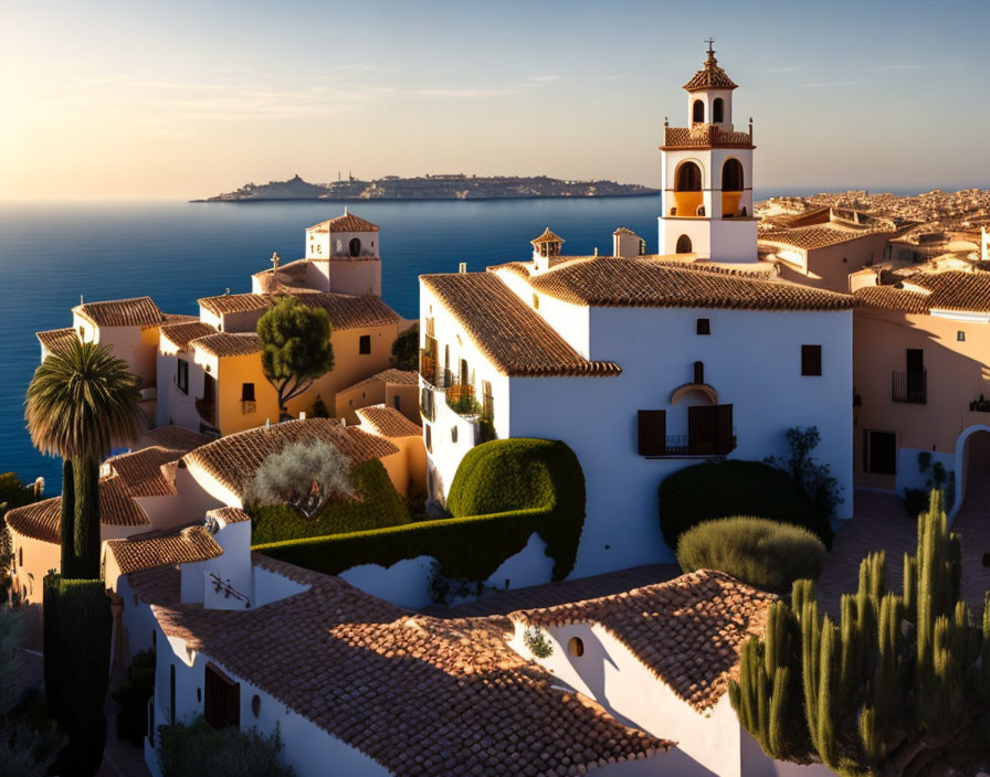 Scenic Mediterranean coastal town at golden hour with bell tower and terracotta roofs