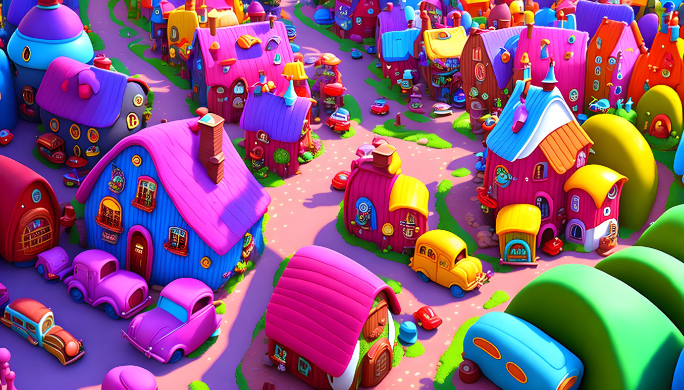 Whimsical Cartoon Village with Colorful Houses & Cars