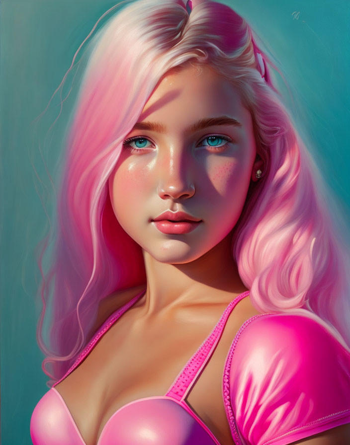 Digital Artwork: Young Woman with Pink Hair and Blue Eyes