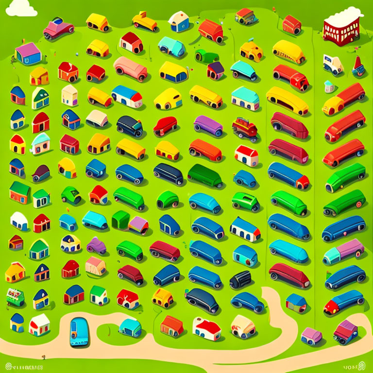 Cartoon-style illustration of cars, houses, and popcorn stand on green background