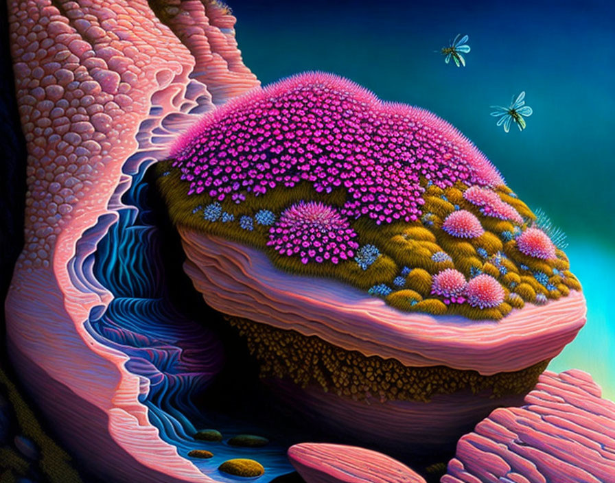 Colorful digital artwork: fantastical landscape with pink flower formations and flying insects on blue background