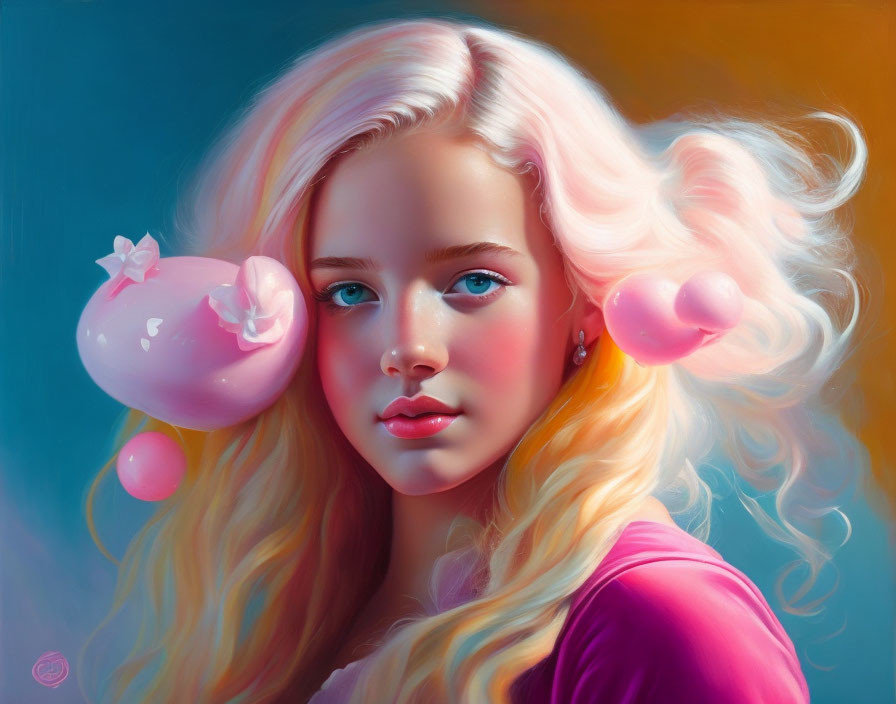 Blonde Girl with Blue Eyes Blowing Pink Bubblegum