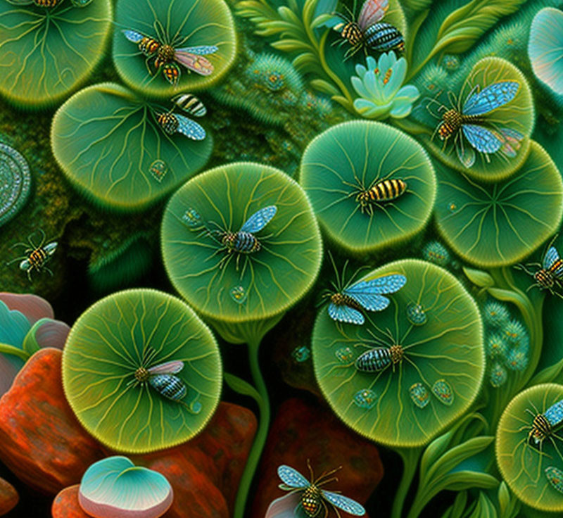 Colorful insect artwork on green lily pads in lush flora