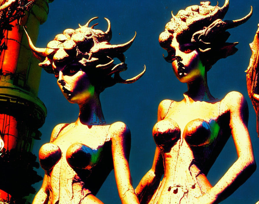 Mythical female figures with horns and fruit on vivid background