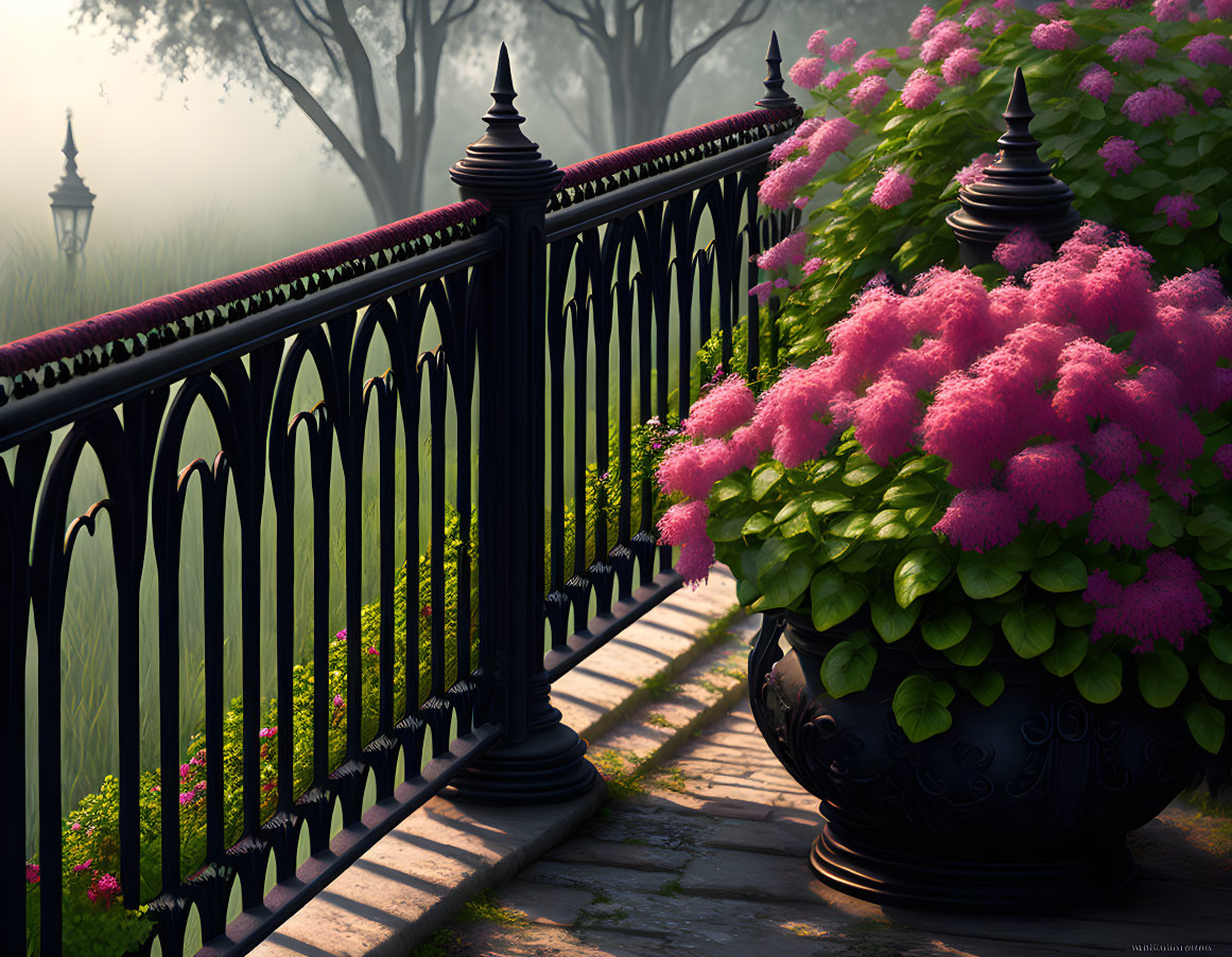 Ornate wrought iron fence with cobblestone pathway, pink hydrangea bushes, morning mist