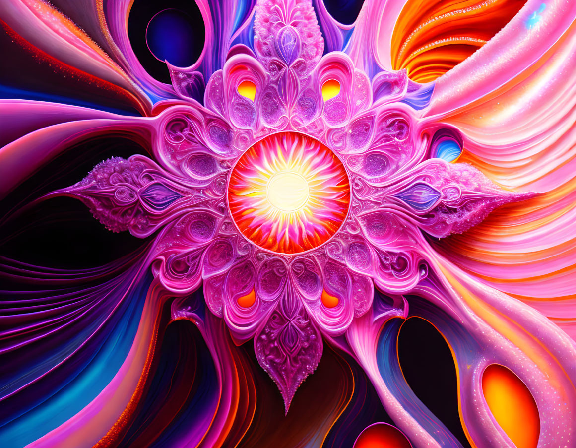 Colorful Digital Artwork: Glowing Orb & Symmetrical Patterns in Purples, Pinks