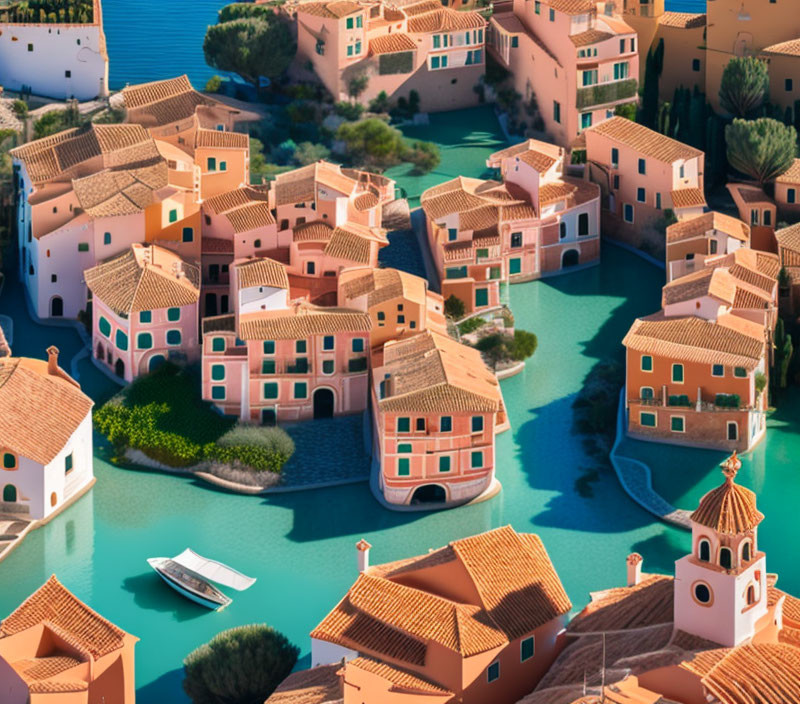 Tranquil town scene: terracotta roofs, blue water channels, white boat, clear sky