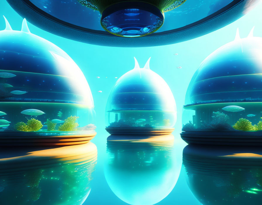 Underwater city with glowing domes, plants, and vessel seen through window