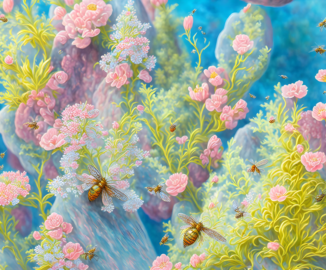 Colorful underwater illustration with pink corals, green foliage, and bees in bubbles.