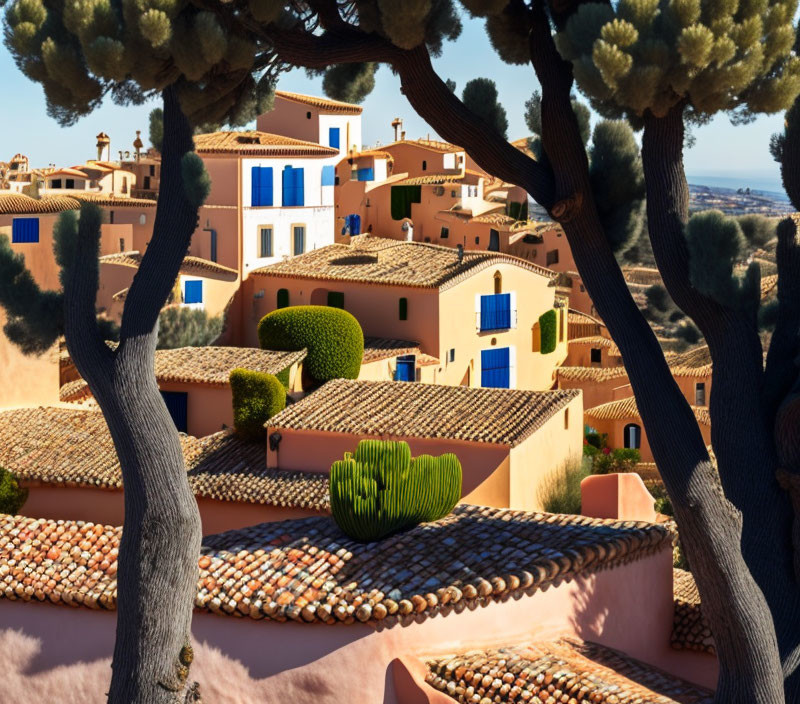 Mediterranean-style village with terracotta roofs and blue shutters