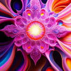 Colorful Digital Artwork: Glowing Orb & Symmetrical Patterns in Purples, Pinks