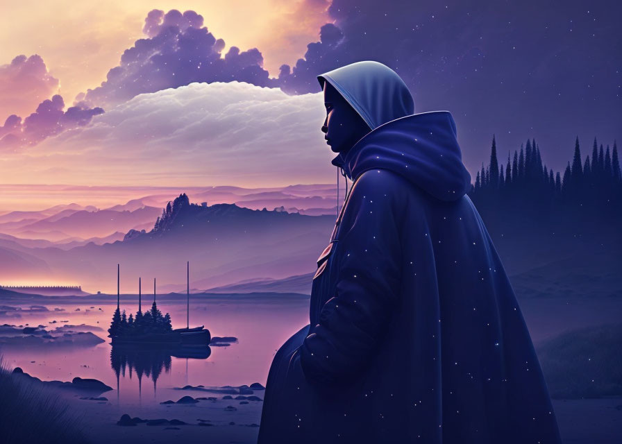 Hooded figure silhouette at purple sunset over tranquil lake