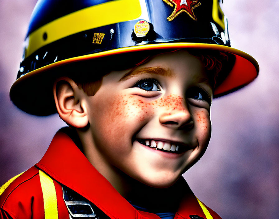 Young child with freckles in colorful toy firefighter helmet