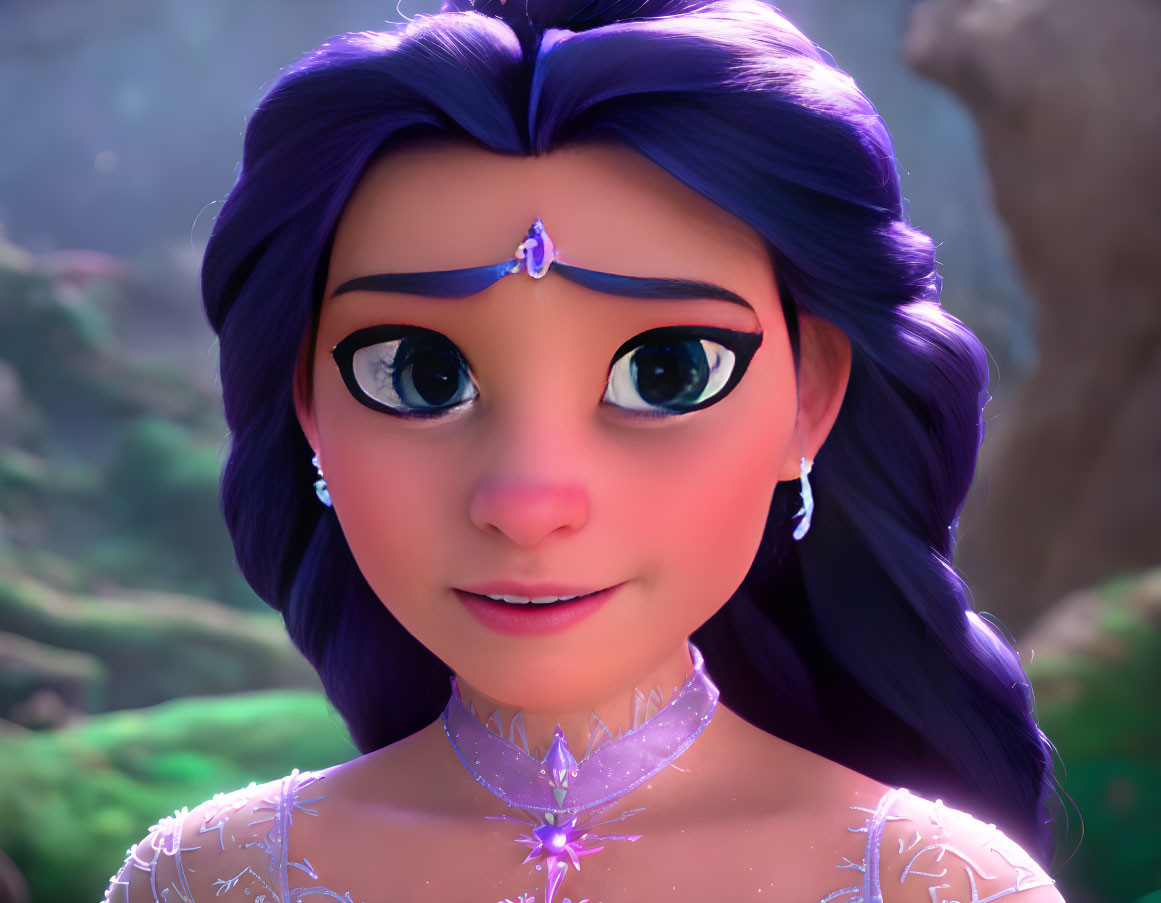 Close-Up of 3D Animated Girl with Green Eyes and Purple Hair