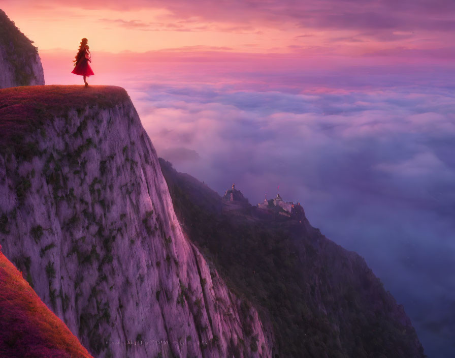 Person in Red Cloak on Cliff Edge Overlooking Sea of Clouds at Sunset