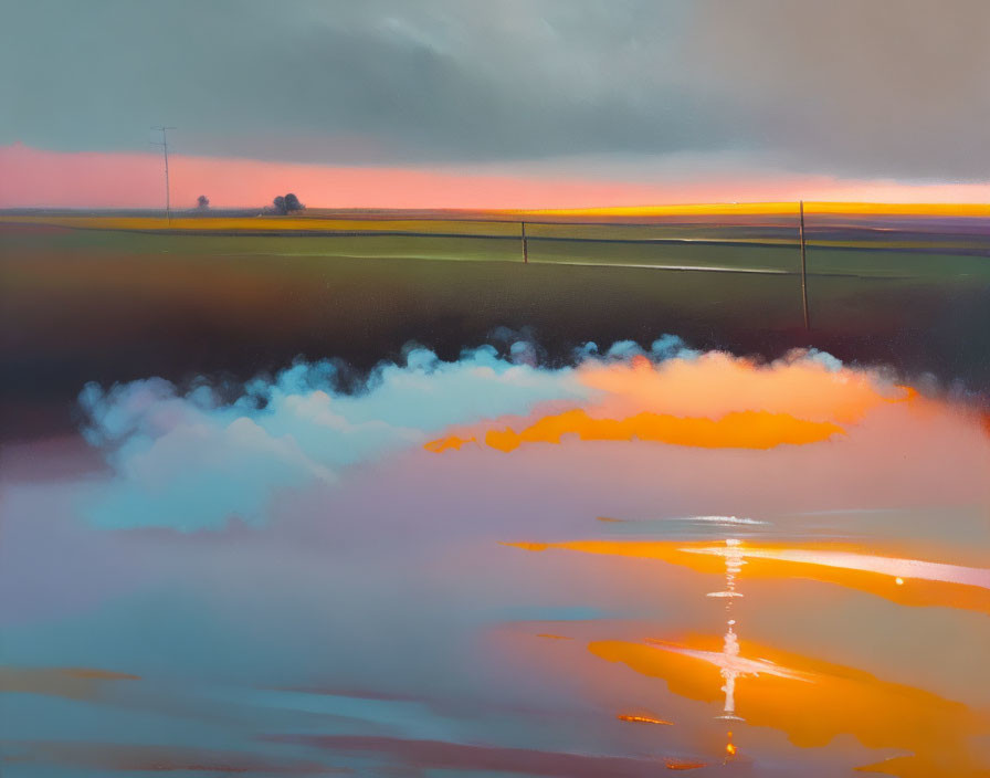 Serene landscape painting with vibrant sunset and misty atmosphere