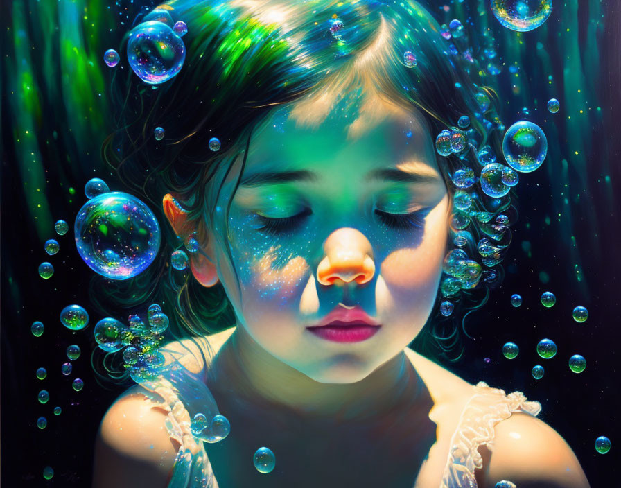 Young girl surrounded by luminous bubbles on dark background