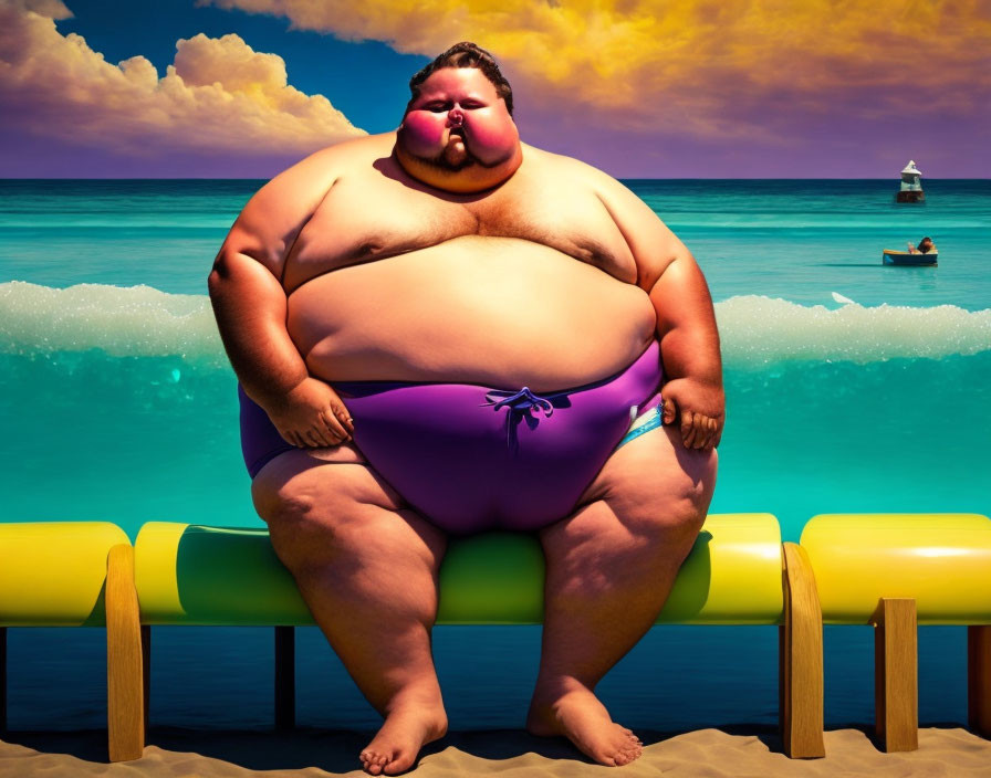 Oversized character in purple swim trunks by vibrant sea sunset