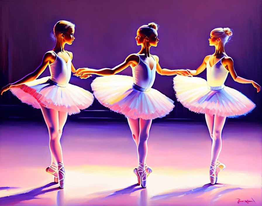 Three ballet dancers in white tutus on pointe under pink and purple stage lights